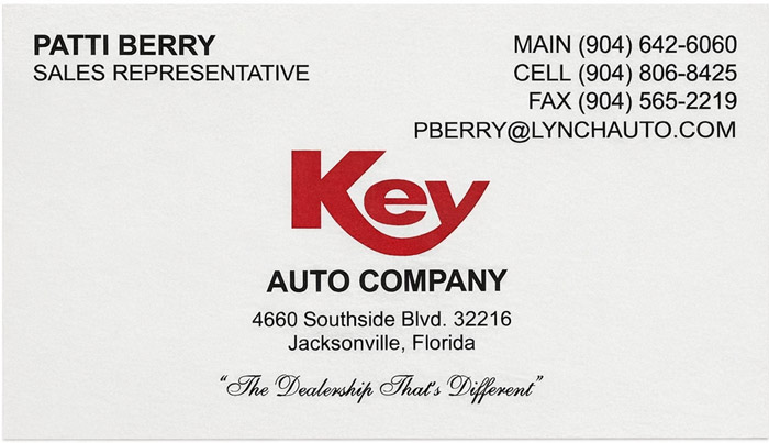 Patti Berry business card — Key Auto Company, Jacksonville FL (Southside Blvd)